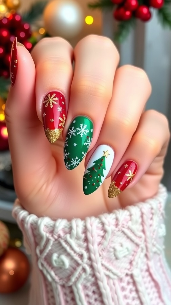 Elegant Almond-Shaped Christmas Nail Art Elegant almond-shaped Christmas nails in red and green with glitter and festive designs.